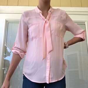 IZ Byer pink button down tie-neck